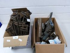 Box of 0 gauge model railway track together with a box of various rolling stocks, wheels and parts