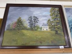 Contemporary study of a country house, oil on board, framed