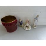 Mixed Lot: Three various figurines plus waste paper bin and other items