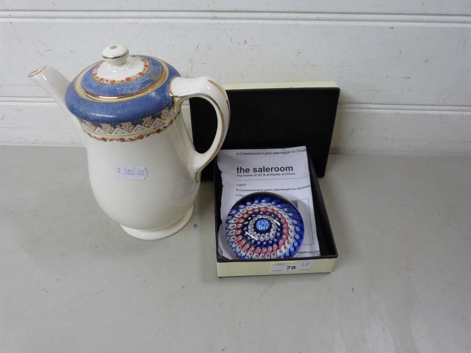 Paperweight produced to commemorate the Queen's coronation 1953 together with a Losol ware teapot