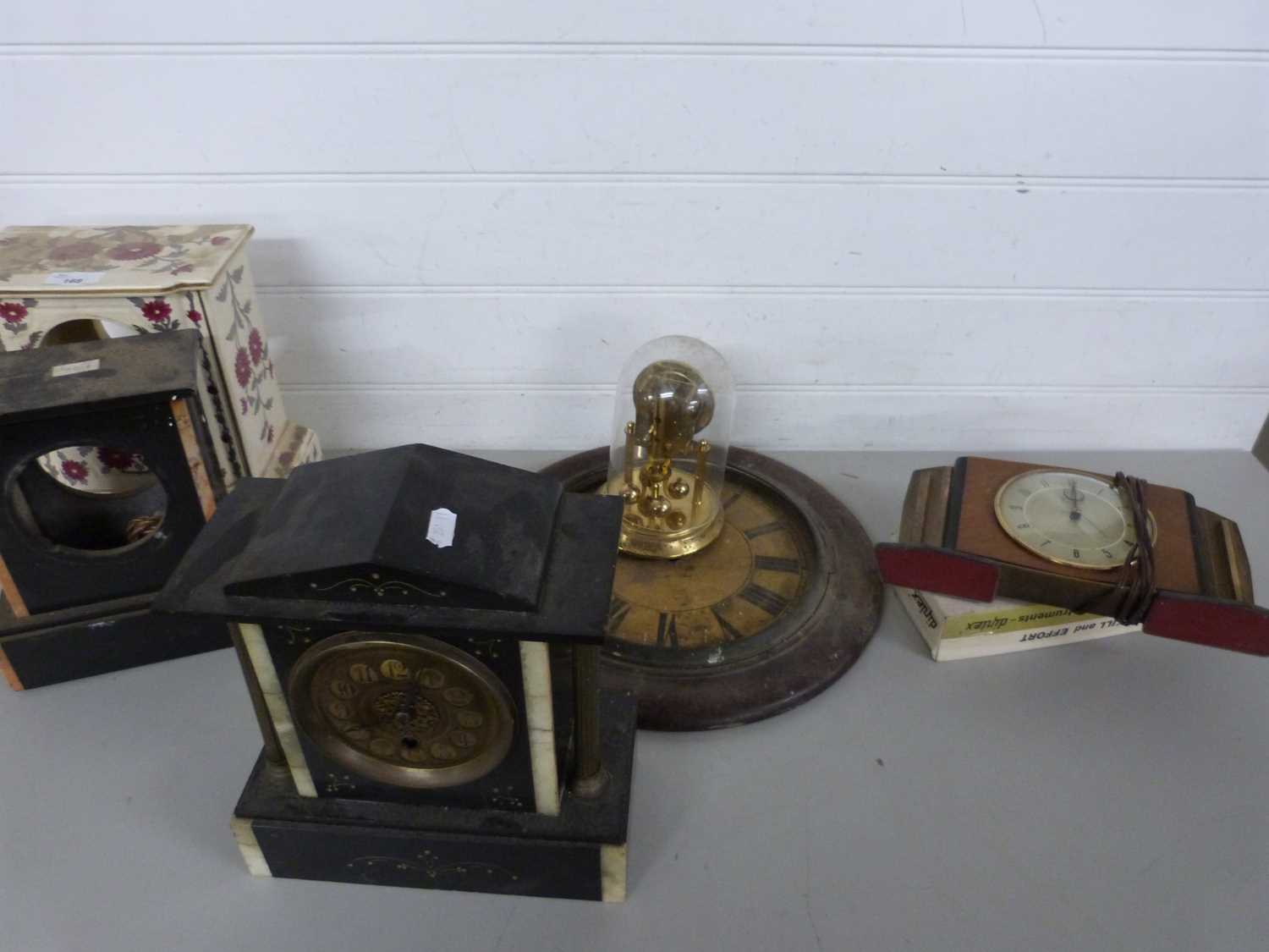 Mixed Lot: Two slate case mantel clocks for repair, a ceramic clock case, a small anniversary clock,