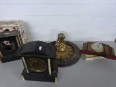 Mixed Lot: Two slate case mantel clocks for repair, a ceramic clock case, a small anniversary clock,