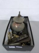 Box of various brass bells, light fitting, door plaques etc