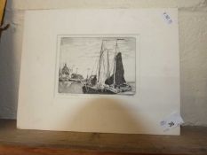 Continental school study of a harbour scene, etching, indistinctly signed in pencil, mounted but not