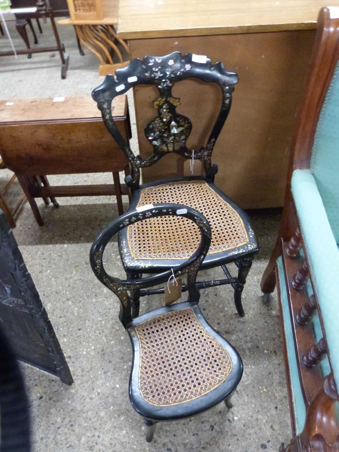 Victorian black lacquered mother of pearl inlaid cane seated child's chair, 64cm high