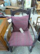 Early 20th Century oak framed carver chair with upholstered seat