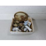 Box of various assorted small porcelain figures, miniature vases, metal mounted triple picture frame