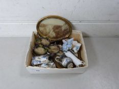 Box of various assorted small porcelain figures, miniature vases, metal mounted triple picture frame