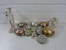 Collection of various Middle Eastern brass and silver plated boxes, pair of silver plated
