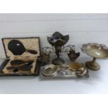 Mixed Lot: Various silver plated wares to include table basket, centre piece vase with hanging