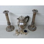 Mixed Lot: Silver plated candlesticks, cruet set, hot water jug etc