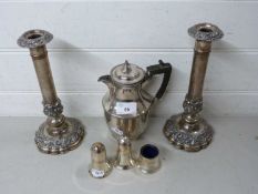 Mixed Lot: Silver plated candlesticks, cruet set, hot water jug etc