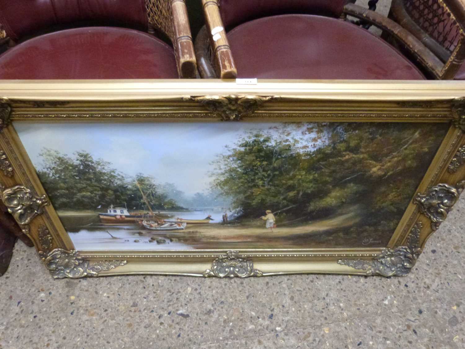 Les Parson, riverside scene with figures and boats, oil on canvas, gilt framed