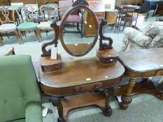 Victorian mahogany duchess type dressing table with oval mirrored back on scrolled supports set on