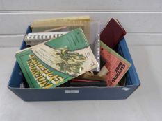 Box of mixed items to include vintage clothing ration books, various prayer books, Norwich