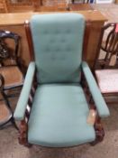 Victorian mahogany framed button back armchair, the arms with spindle turned decoration