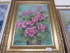 Contemporary school study of a Geranium, oil on canvas, gilt framed