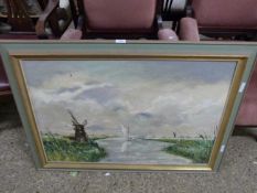 E Lystra, Broadland scene with windmill and yachts, oil on canvas, gilt frame