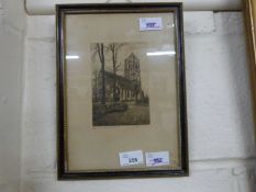 Small study of a Church, indistinctly signed in pencil, etching, framed and glazed