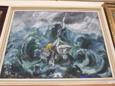 Mary Nuttall, boat on rough seas, oil on board