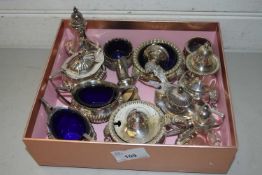 A collection of various silver plated condiment items, assorted designs