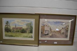 Two coloured prints, views of Hemel Hempstead, framed and glazed