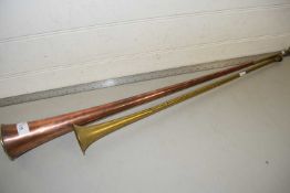 Vintage copper and a vintage brass post horn (2)