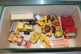 Box of various toy farm and commercial vehicles to include Tonka, Corgi etc