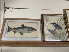 Reproduction framed print of a salmon together with a watercolour of kingfishers