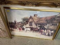 Modern reproduction print of a coaching scene of coach and horses leaving an inn, glazed with gilt