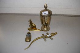 Mixed Lot: Brass kangaroo, brass crocodile, ashtray and a silver plated covered cup