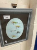 Framed collection of five fishing flies with oval mount and glazed with blue frame