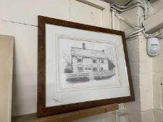 Black and white reproduction pencil sketch of a cottage, framed and glazed