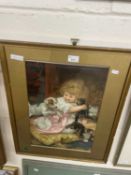 Reproduction print of small child with kittens and a puppy with gilt mount and gilt frame
