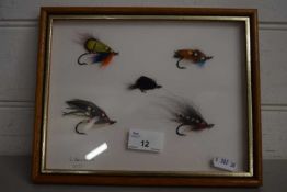 S Pritchard, framed group of five fishing flies