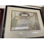 Reproduction Saxtons map of Suffolk, 1575, framed and glazed