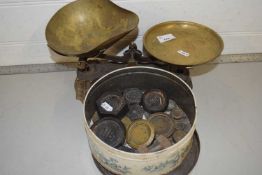 Pair of vintage scales plus tin of various weights