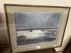 W H Ford, estuary scene with boats, oil on board, 44 x 33 cm framed