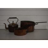 Graduated set of copper saucepans plus further larger saucepan and a copper kettle