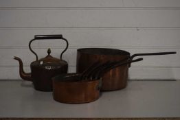 Graduated set of copper saucepans plus further larger saucepan and a copper kettle