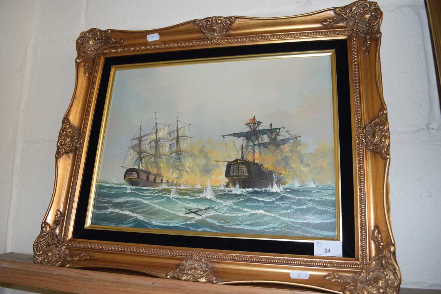 Ambrose (contemporary) Fighting Warships, oil on canvas, gilt framed