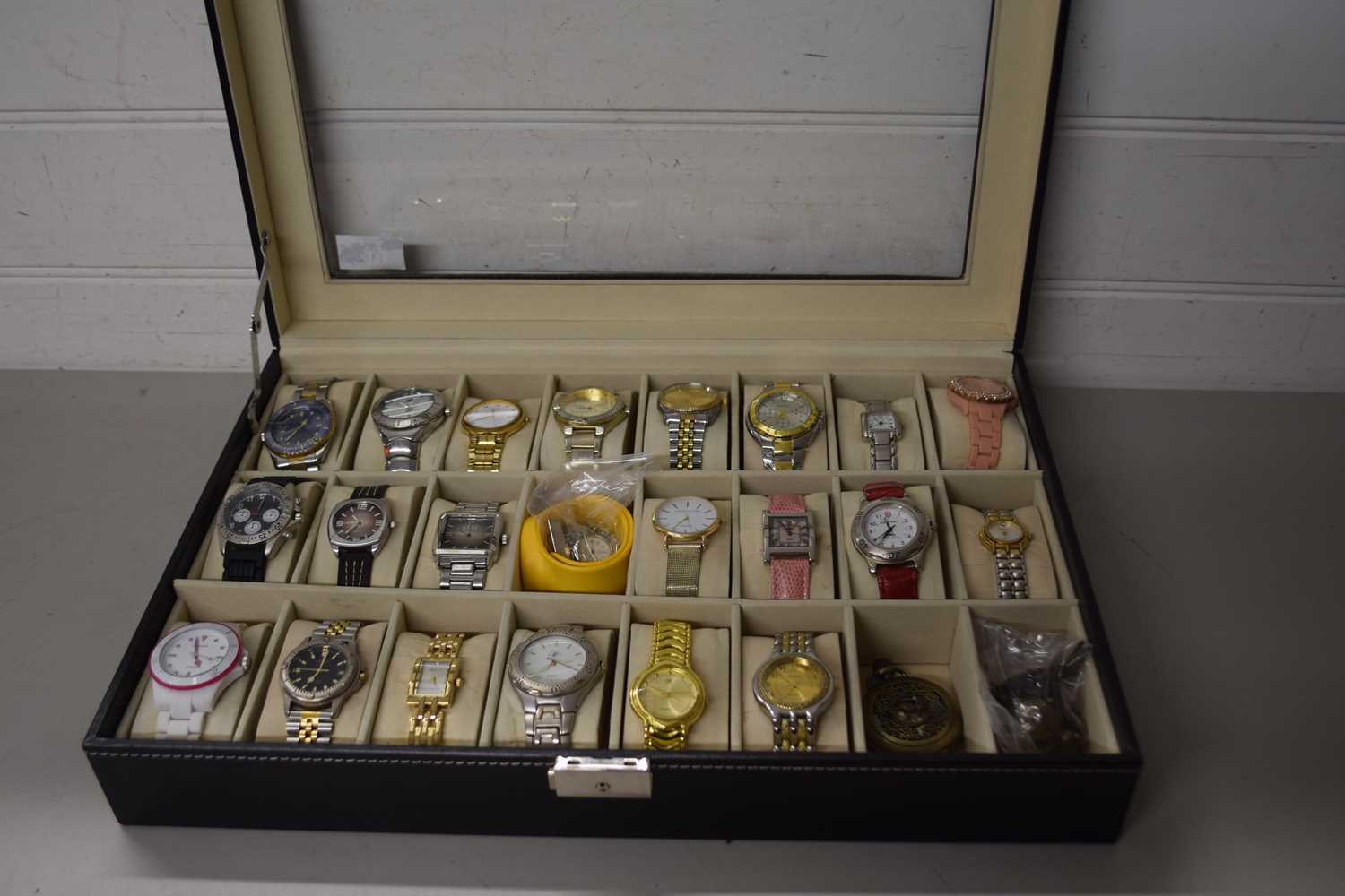 A display case of modern wristwatches