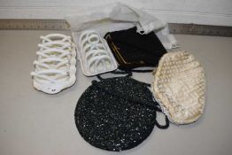 Mixed Lot: Three beaded evening bags together with two vintage ceramic toast racks