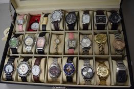 A display case of modern wristwatches