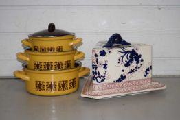 Mixed Lot: A wedge formed cheese dish and graduated set of saucepans