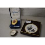 Mixed Lot: Small compass, floral Aynsley brooch and a small sillouhette picture of herons