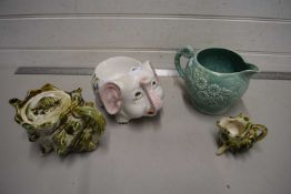 Mixed lot comprising seashell formed teapot and jug, an elephant shape jardiniere and a pottery jug