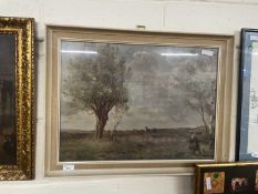 Print of a woman gathering twigs within the landscape, framed and glazed