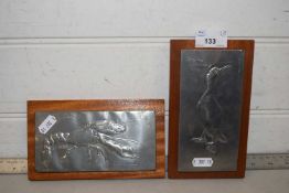 Two pewter plaques by R E Dickerson, lobster and cormorant designs