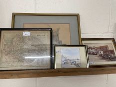 Framed map of Norfolk together with three other framed local scenes
